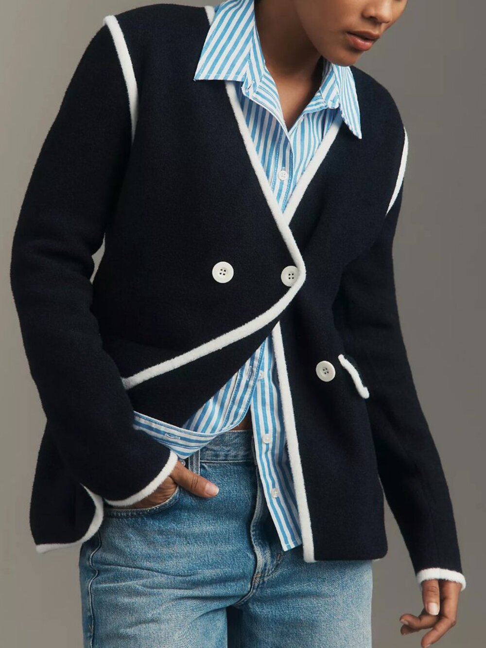 New NVLT Fuzzy Nylon Contrast Trim Knit Blazer Black White Small $168
